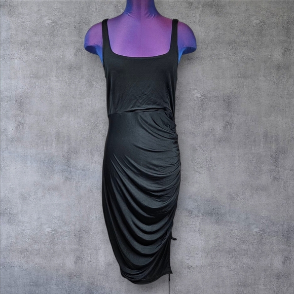 Free People Intimately Black Bodycon Midi Slip Dress‎ Ruched Side Size Large - Picture 1 of 7